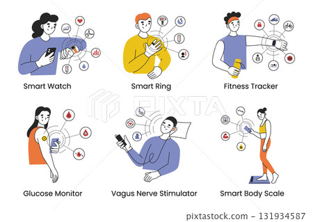Collection of scenes with people using wearable health devices, flat cartoon vector illustration for fitness, smart watches, fitness trackers, glucose monitor, smart rings, vagus nerve stimulators set Collection of scenes with people using wearable health devices, flat cartoon vector illustration for fitness, smart watches, fitness trackers, glucose monitor, smart rings, vagus nerve stimulators set 131934587