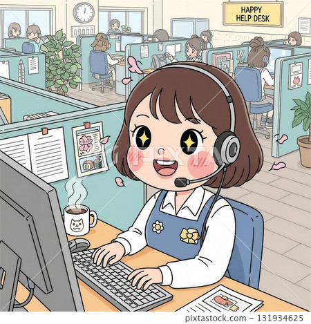 Illustration of a woman answering the phone at a call center 2 131934625