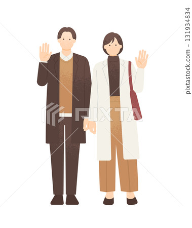 A couple in autumn/winter outfits waving. An illustration of a man and a woman in winter clothes facing forward and waving. A couple in autumn/winter outfits waving. An illustration of a man and a woman in winter clothes facing forward and waving. 131934834