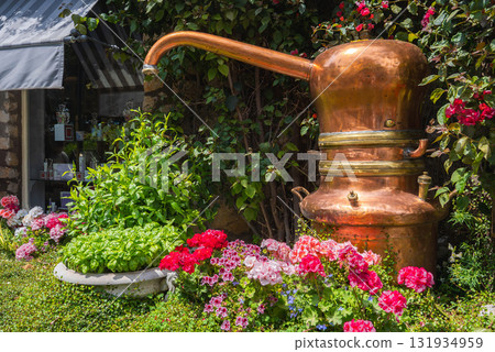 A polished copper distillation apparatus stands in a lush garden with vibrant flowers, basil, and greenery, near a storefront with a striped awning in Capri, Italy. 131934959