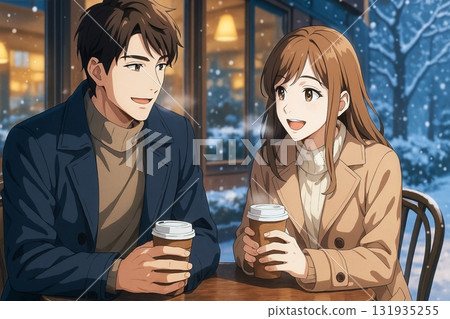 Lovers chatting in a winter cafe 131935255