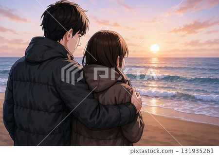 戀人在冬日海灘上擁抱 131935261