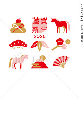 Horse and Japanese motif New Year's card 2026 Red and gold zodiac design Horse and Japanese motif New Year's card 2026 Red and gold zodiac design 131935377
