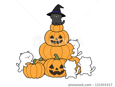 Illustration of stacked Halloween pumpkins and cats Illustration of stacked Halloween pumpkins and cats 131935417