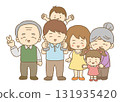 A friendly three-generation family smiling and taking a commemorative photo 131935420