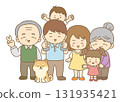 A three-generation family smiling in a photo with their dog 131935421