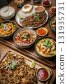 mixed traditional cuisine popular thai food dishes on bangkok restaurant table 131935731