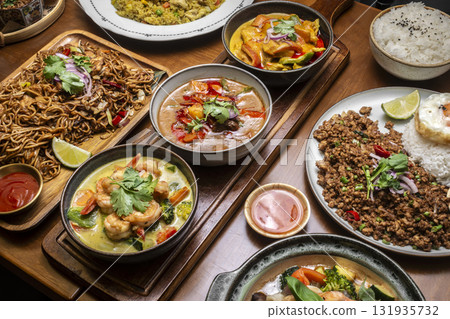 mixed traditional cuisine popular thai food dishes on bangkok restaurant table 131935732