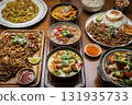 mixed traditional cuisine popular thai food dishes on bangkok restaurant table 131935733