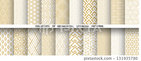 Geometric set of seamless golden and white patterns. Simple vector graphics Geometric set of seamless golden and white patterns. Simple vector graphics 131935780