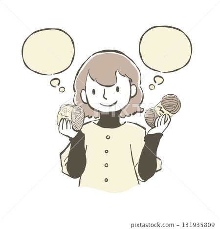 一位女士拿著紗線思考的插圖 131935809