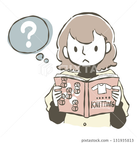 一位好奇的女人正在閱讀一本針織書的插圖 一位好奇的女人正在閱讀一本針織書的插圖 131935813