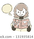 一位女士正在閱讀一本針織書並思考的插圖 131935814