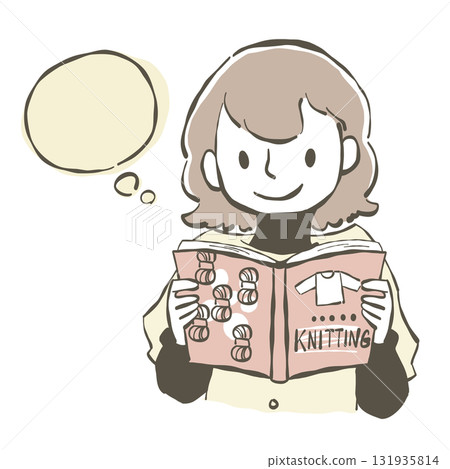 Illustration of a woman reading a knitting book and thinking Illustration of a woman reading a knitting book and thinking 131935814