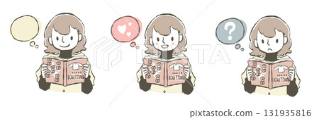 一位女士正在閱讀一本針織書的插圖集 131935816