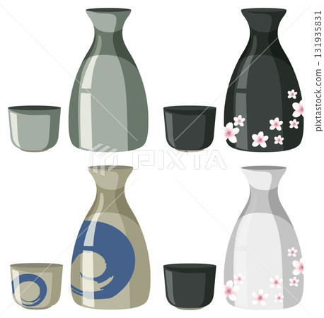 Traditional Japanese Sake Bottles and Cups Vector Set Traditional Japanese Sake Bottles and Cups Vector Set 131935831