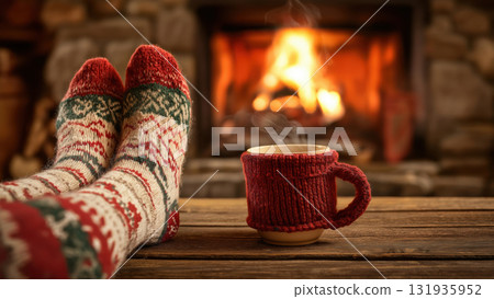 Steamy drink by festive socks by the fire, created AI 131935952