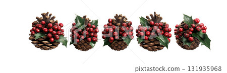 Decorative pinecones adorned with vibrant red berries, created AI, PNG 131935968
