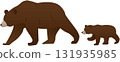 Illustration of a walking bear and cub seen from the side 131935985