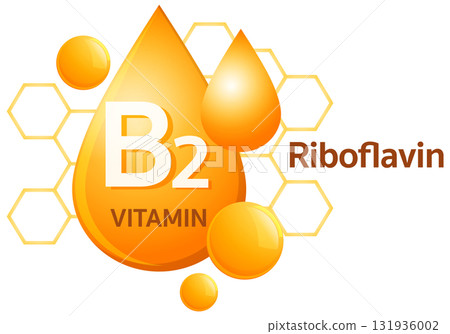 Vitamin B2 Riboflavin Icon with Orange Droplets and Hexagons Vitamin B2 Riboflavin Icon with Orange Droplets and Hexagons 131936002