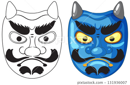 Blue Japanese Oni Mask Vector Illustration with Outline Version 131936007