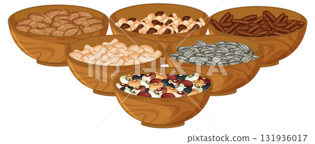 Assorted Mixed Nuts in Wooden Bowls Vector Illustration Assorted Mixed Nuts in Wooden Bowls Vector Illustration 131936017
