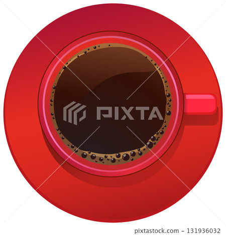 Top View of Coffee Cup in Red Saucer 131936032