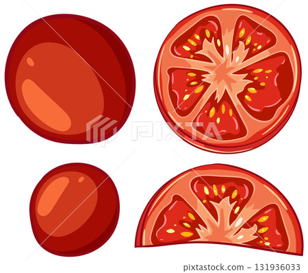 Vector Illustration of Whole and Sliced Tomato Pieces Vector Illustration of Whole and Sliced Tomato Pieces 131936033