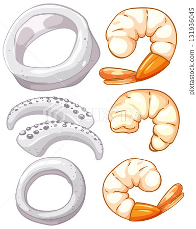 Vector Illustration of Shrimp and Calamari Seafood Ingredients 131936045