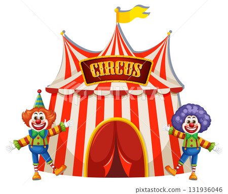 Colorful Clowns Standing in Front of Circus Tent Colorful Clowns Standing in Front of Circus Tent 131936046
