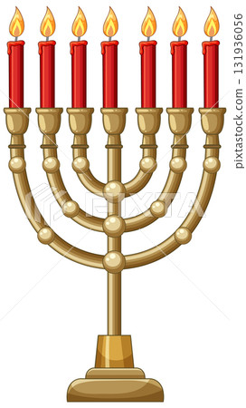 Seven-Branched Menorah with Lit Red Candles Vector Illustration 131936056