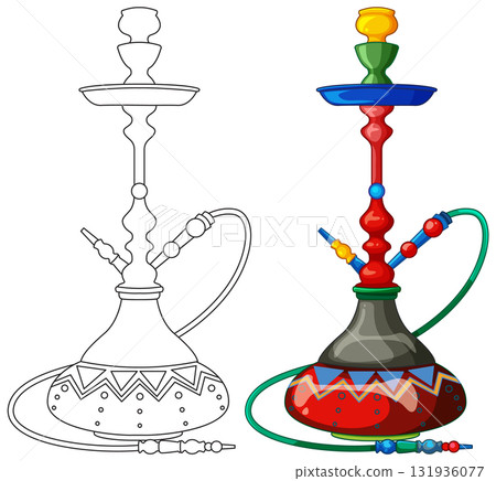 Colorful Hookah and Outline Illustration Side by Side 131936077