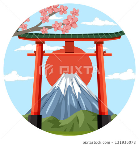 Torii Gate with Mount Fuji and Cherry Blossoms at Sunrise 131936078