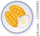 Mango Sticky Rice Dessert on White Plate Vector 131936081