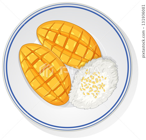 Mango Sticky Rice Dessert on White Plate Vector 131936081