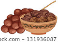 Traditional Bowl of Dates with Decorative Pattern and Spoon 131936087