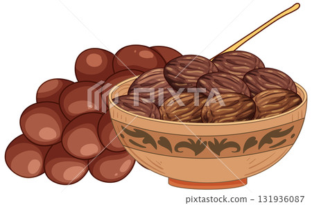Traditional Bowl of Dates with Decorative Pattern and Spoon 131936087