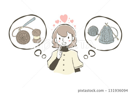 一位女士高興地思考著編織的插圖 131936094