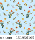 Seamless pattern with floral bouquets in jugs and leaves on blue background 131936105