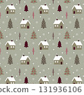 Scandinavian winter seamless pattern with houses fir trees and snowflakes on green background 131936106