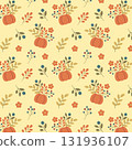 Seamless autumn pattern with pumpkins flowers berries and branches on yellow background 131936107