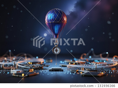 Hot air balloon with a compass exploring a futuristic digital landscape of circuit boards. Technology, innovation, and data navigation concept. AI generated. Hot air balloon with a compass exploring a futuristic digital landscape of circuit boards. Technology, innovation, and data navigation concept. AI generated. 131936166