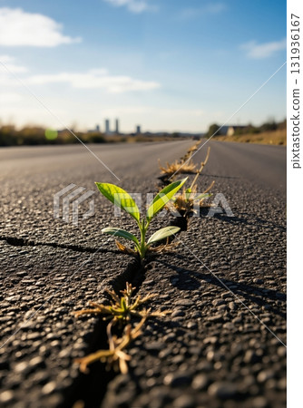 A small green plant growing from a crack in an asphalt road. Symbol of hope, resilience, and new life. Nature overcoming urban environment concept. 131936167