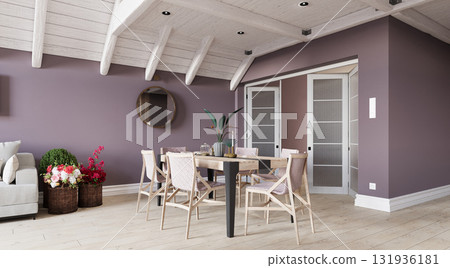 Modern dining room interior with mauve walls and a wooden table. Stylish home decor with a white vaulted beam ceiling. 3d rendering real estate concept Modern dining room interior with mauve walls and a wooden table. Stylish home decor with a white vaulted beam ceiling. 3d rendering real estate concept 131936181