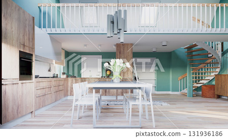Modern open-plan home interior with kitchen and dining area. Spacious two-story house with a loft and spiral staircase. 3d rendering visualization 131936186