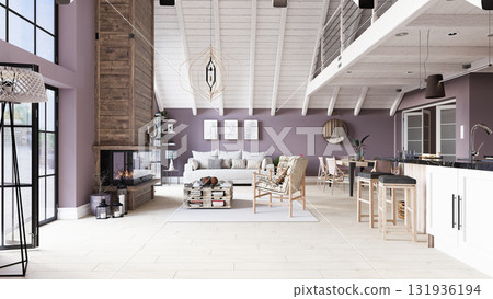 Modern open-plan living room interior with a rustic wooden fireplace. Spacious home with a high vaulted ceiling and contemporary furniture. 3d rendering architectural visualization 131936194