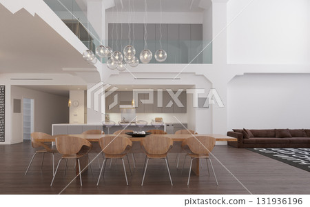 Spacious open-plan interior of a modern loft apartment. Dining room and kitchen in a luxury contemporary home. 3d rendering image Spacious open-plan interior of a modern loft apartment. Dining room and kitchen in a luxury contemporary home. 3d rendering image 131936196