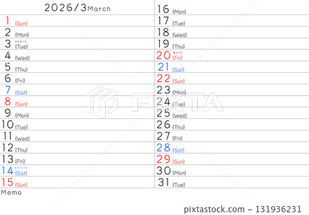 2026 年 3 月簡易日曆(英文星期幾) 2026 年 3 月簡易日曆(英文星期幾) 131936231