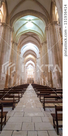Interior of Alcobaca monastery, Mosteiro de Santa Maria de Alcobaca in Portugal. A Medieval Roman Catholic Monastery Interior of Alcobaca monastery, Mosteiro de Santa Maria de Alcobaca in Portugal. A Medieval Roman Catholic Monastery 131936414