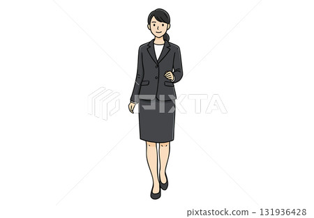 微笑的女商人走路（全身，簡單的顏色） 131936428